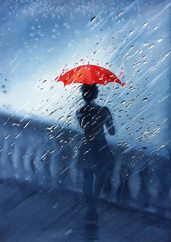 Girl With Red Umbrella - red umbrella art - girl in the rain - rainy day - rainy street art - abstract city - Life in the city - rain drop art