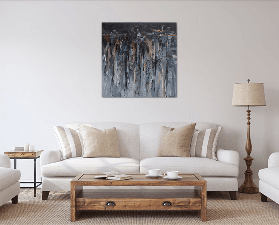 Gray Abstract Painting - Night street - 90 x 90 cm - Original oil painting