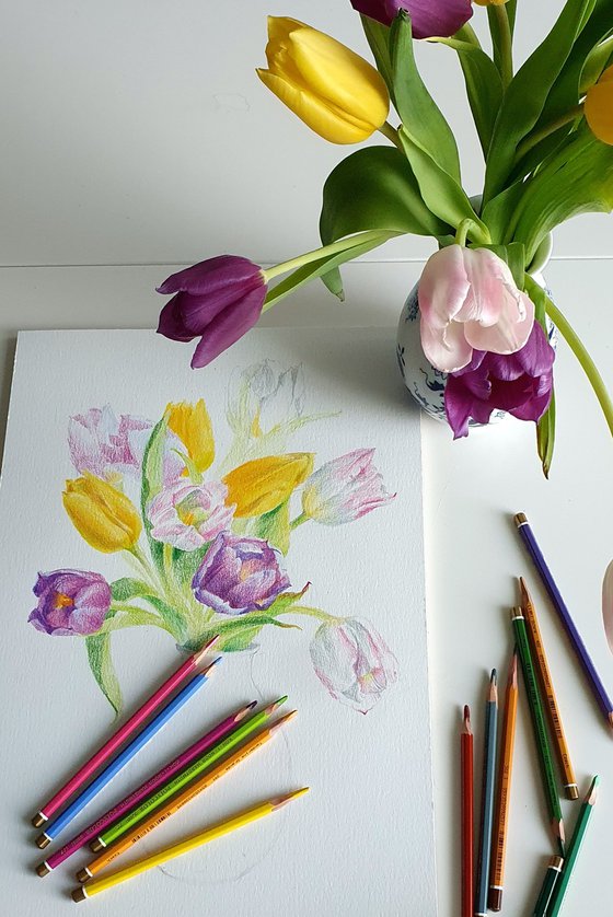 Realism yellow violet tulips in delft vase.