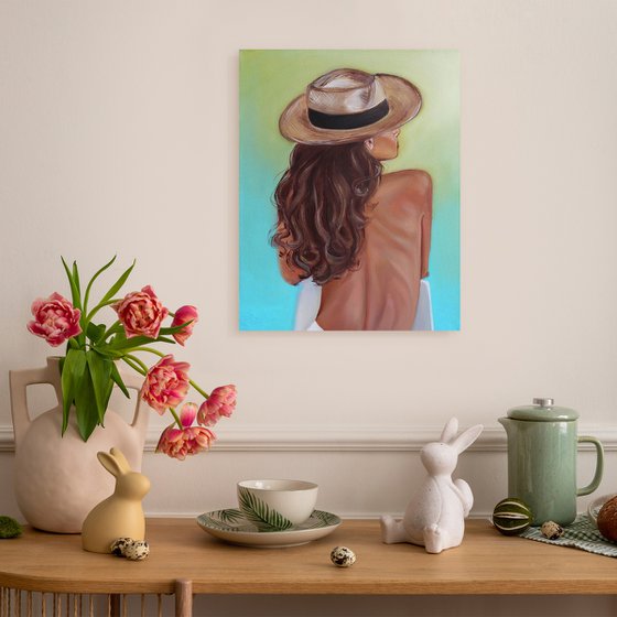 Summer painting Woman with hat art