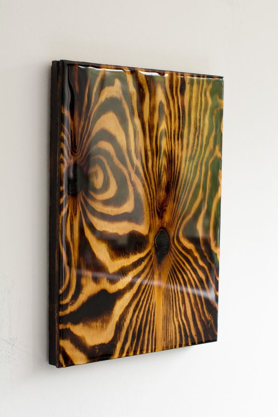 "Myela" (40x30x3cm) - Unique wood burning artwork and epoxy resin (abstract, fire, sculpture, original, epoxy, burning, wood)