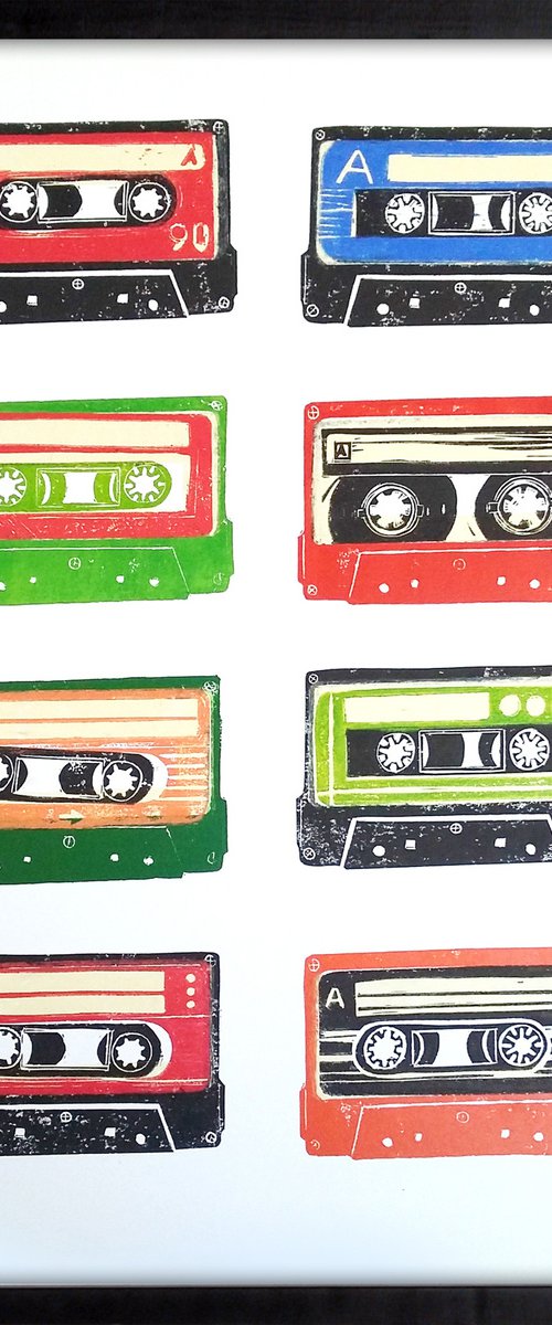 Linocut tapes #42 - framed and ready to hang (cassette tapes, retro music, 70's, 80's rock culture) by Carolynne Coulson