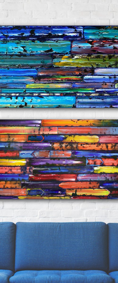 "Getting Our Sh*t Together (for real)" - Original PMS Large Oil Painting and Assemblage Diptych on Large Wooden Panels - 48 x 48 inches by Preston M. Smith (PMS)