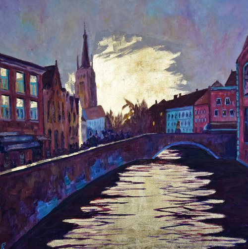 Bruges gold leaf oil painting on the wood, Brugge cityscape original wall art, Belgium Europe by Kate Grishakova