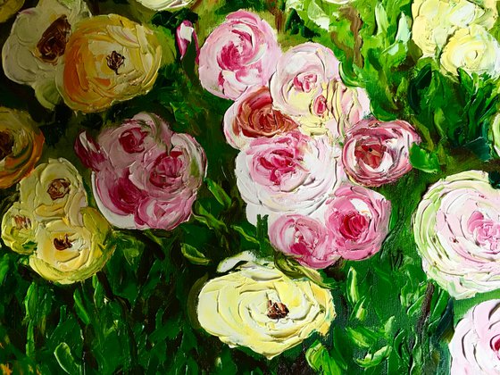 WHITE PINK YELLOW  ROSES landscape with  cypress trees palette  knife modern still life  flowers office home decor gift