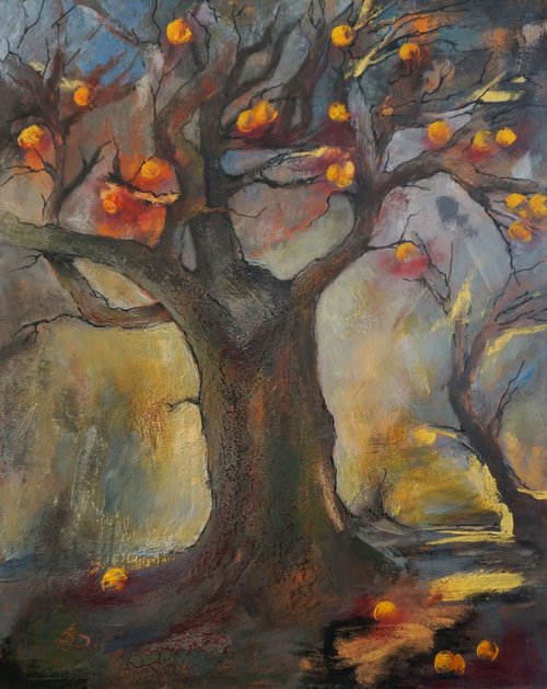 Gold Apple Tree  (hot wax on gesso primed fibreboard) by Dora Stork