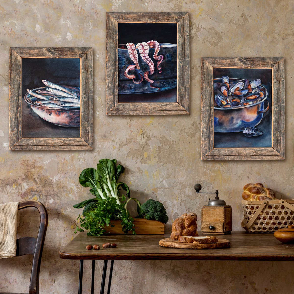 Seafood triptych - set of 3 original watercolor, darkness light, art for kitchen by Delnara El