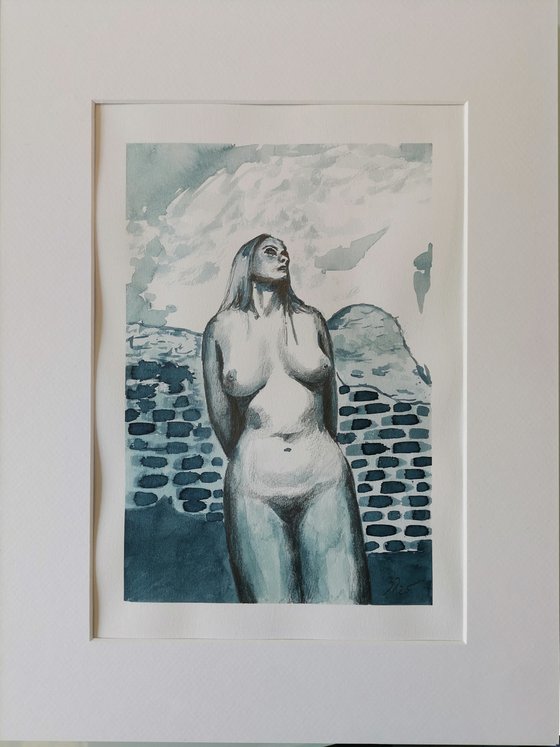 Blue Nude with Stone Wall