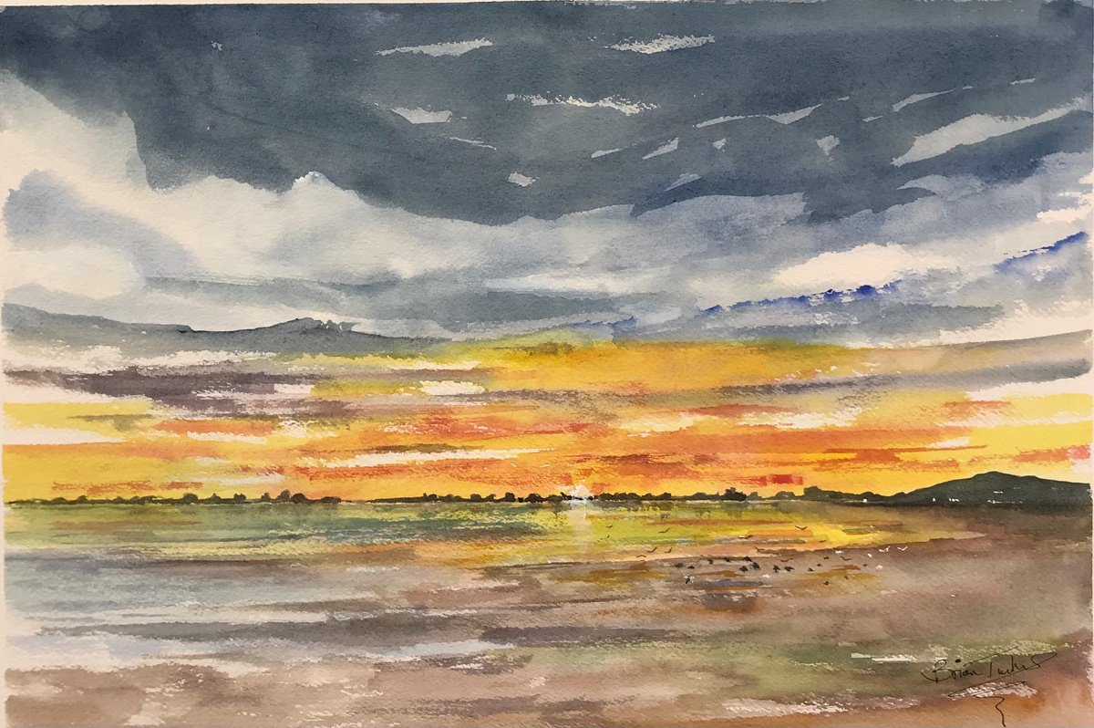 Impressionistic Watercolour , Sunset At Pegwell Bay, Kent By Brian Tucker, 18 X 12, Artwork For Sale On Artfinder