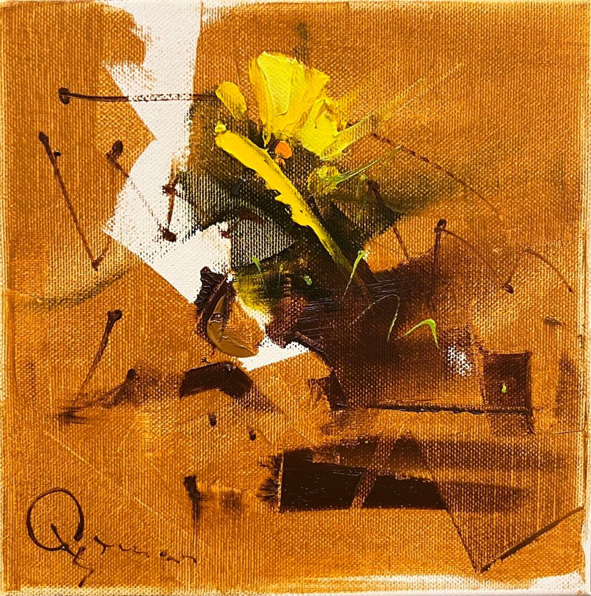 Botanical Oil Painting By Arman Allakhverdian, 8 X 8, Gold Flower, Original Artwork