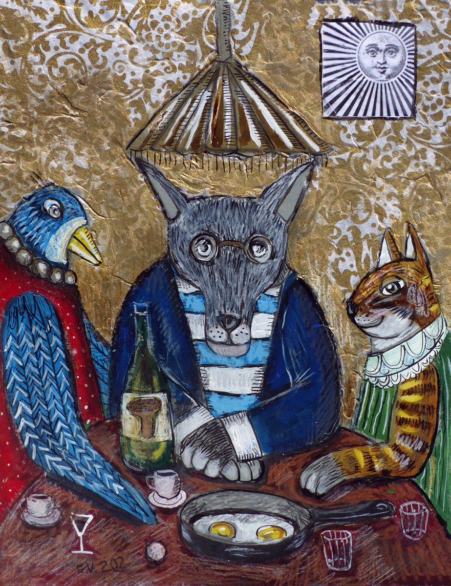 Naive Animal Painting By Elizabeth Vlasova, 11 X 14, Extraordinary Adventure, Original Artwork