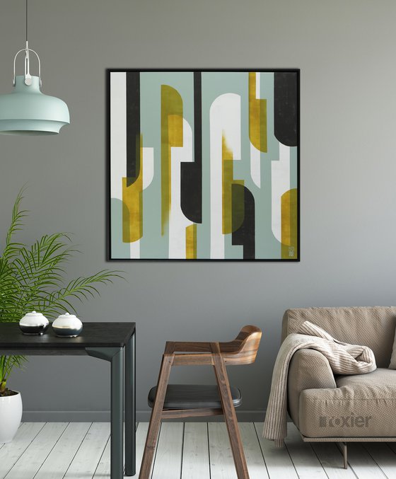 Square Abstract Painting - 105x105cm incl frame - Traffic Square Natural - Ronald Hunter 05M