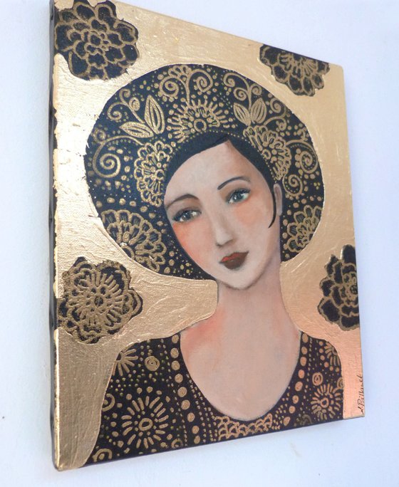 Adagio Gold: Female  icon on canvas 21x 27cm.
