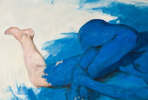 modern expressionist portrait of a nude woman with blue