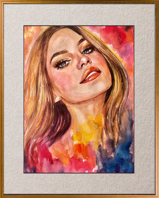FLYING COLOR Original Impressionist Expressive Watercolor Portrait of a Young Woman