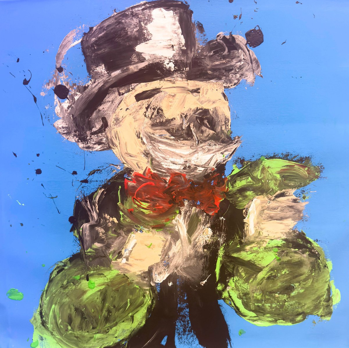 Abstract Portrait Acrylic Painting By Carlos Pun Art, 20 X 20, Monopoly Man Over Blue, Original Artwork