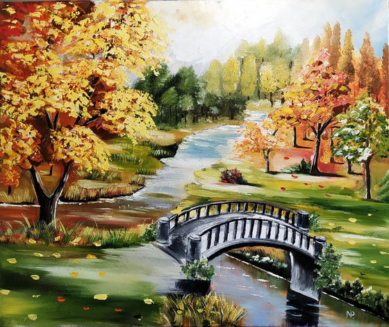 Autumn park, original oil landscape painting, art for home, gift idea