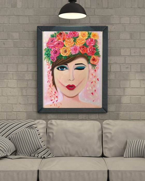 Wink Girl Portrait with flowers !! Oil Painting !!