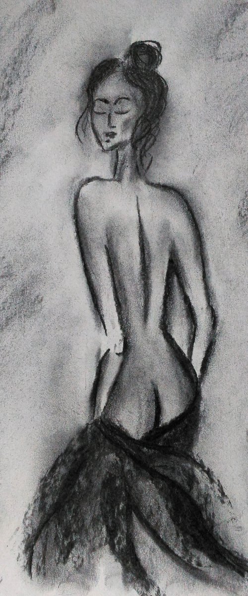 Female Nude Painting Figurative Original Art Woman Standing Nude Drawing Back View Bedroom Bathroom Charcoal Wall Art 12 by 17 inches by Halyna Kirichenko