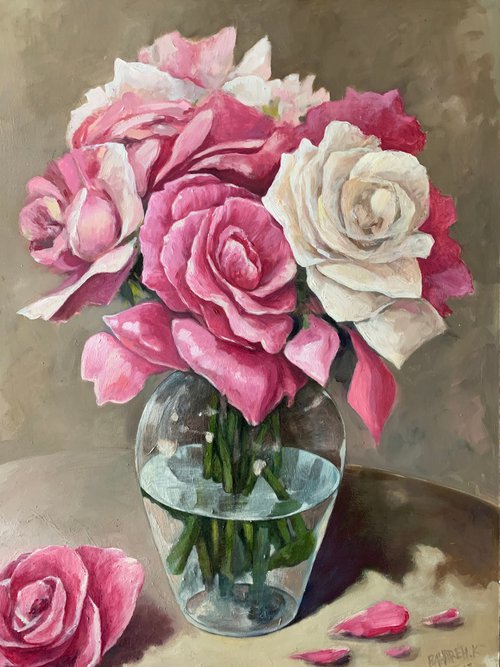 Pink roses in a pot by Bahareh Kamankesh