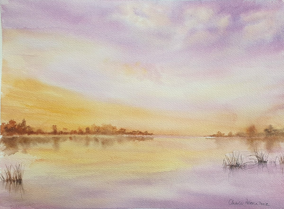 Impressionistic Watercolour , Tranquil Lake At Sunset By Charles Pierson, 15 X 11, Artwork For Sale On Artfinder