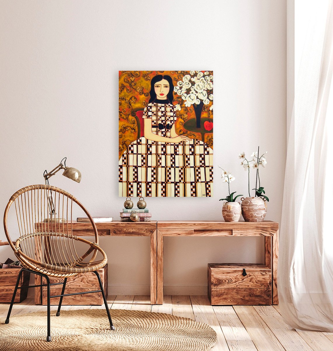 Impressionistic Portrait Oil Painting By Karen Rieger, 30 X 40", Woman With Ivory Roses & Apple, Original Artwork