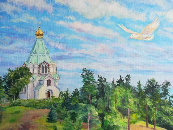 White dove over Saint Nicholas' Skete. Valaam, Lake Ladoga