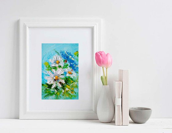 Daisy Painting Floral Original Art Small Flower Artwork Forget Me Not Wall Art