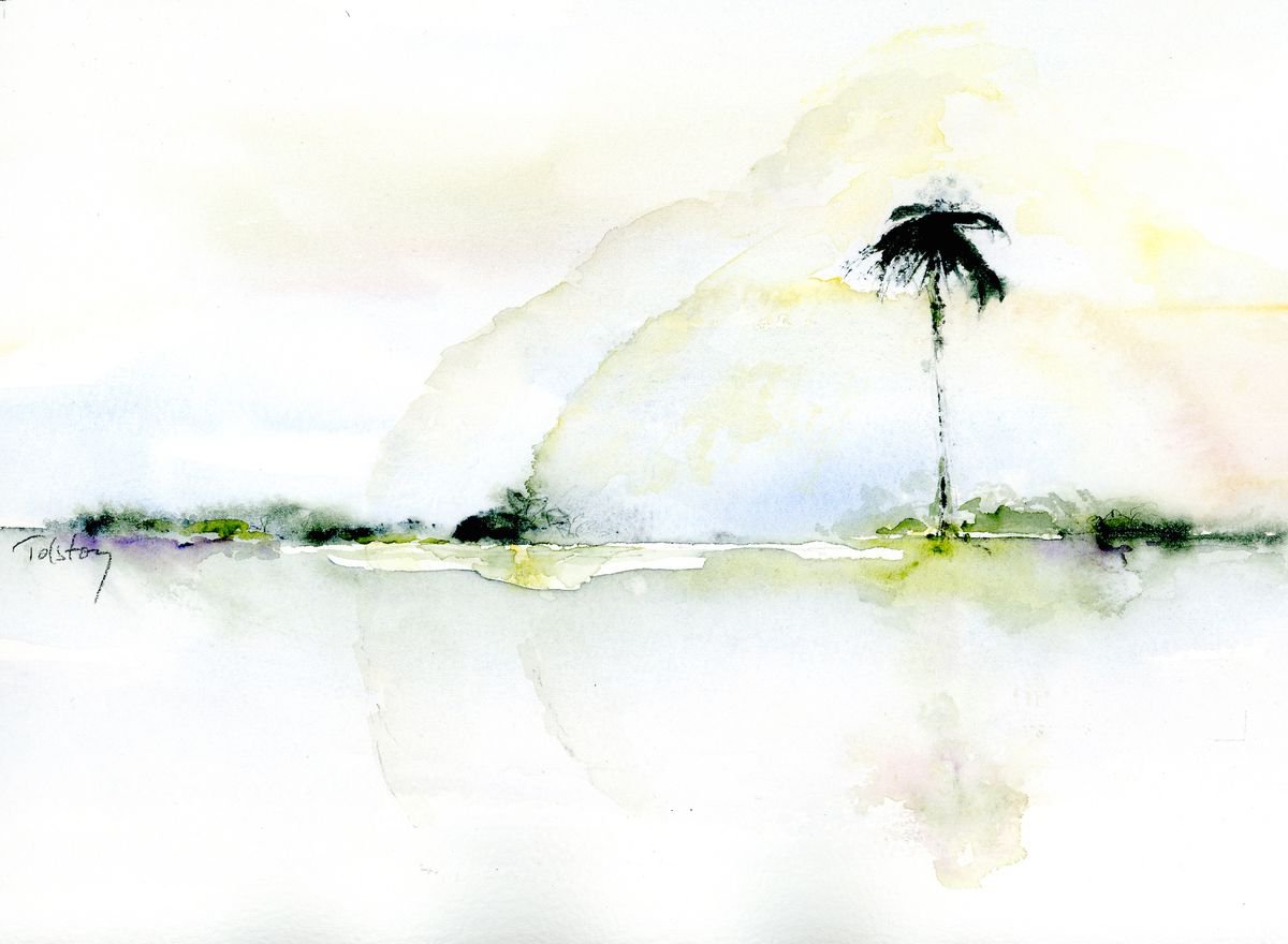 Impressionistic Landscape Watercolour By Alex Tolstoy, 12 X 9, The Lone Palm, Original Artwork