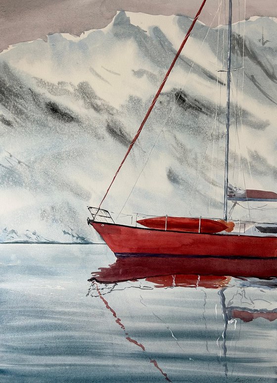 Original watercolour painting Red Aurora Sailboat, Greenland