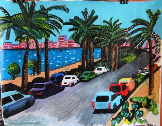 Baie des Anges 1950s cars and palms 2