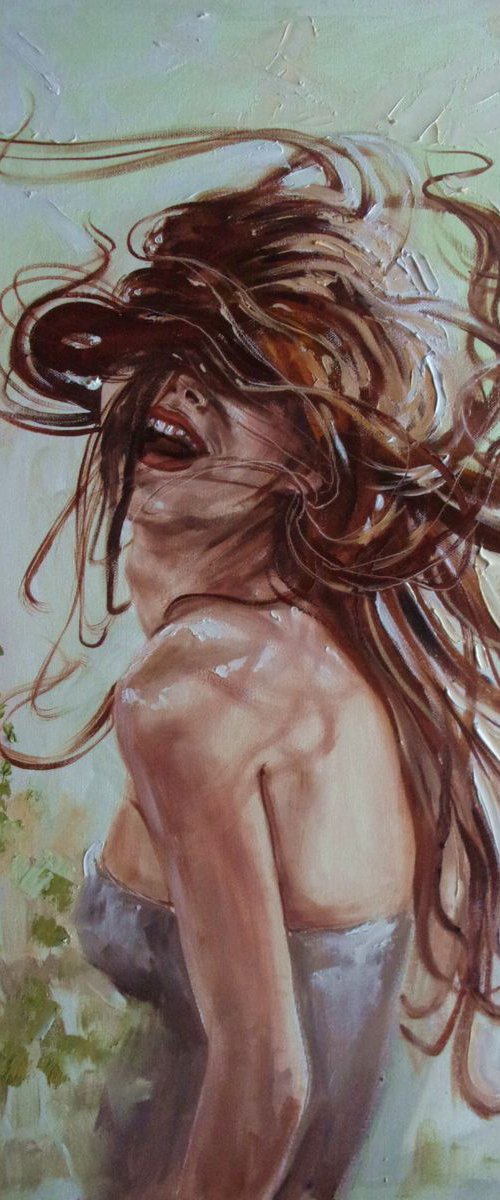 " AUTUMN SHADOWS "- happyness smile WIND HAIR ORIGINAL OIL PAINTING, GIFT, by Monika Luniak