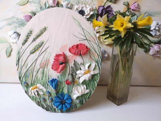 Summer meadow, daisies, poppies, cornflowers - 3d landscape on an oval panel, 26x32x3 cm