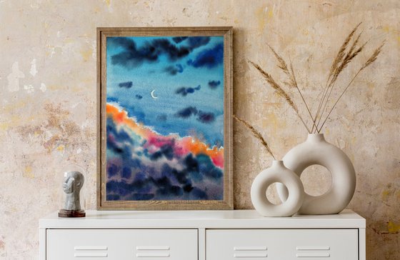 New moon - original watercolor sky and clouds painting