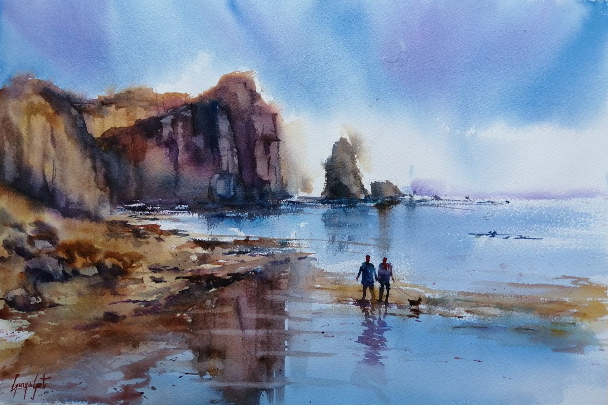 Impressionistic Watercolour , Wlaking On The Beachside 2 By Giorgio Gosti, 21 X 14, Artwork For Sale On Artfinder