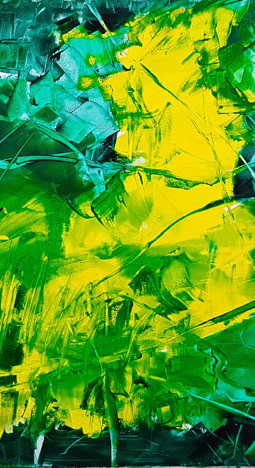 Abstract in yellow and green - Impasto Vivid colors Energy Vibrant lines Modern Texture Spontaneous by Fabienne Monestier