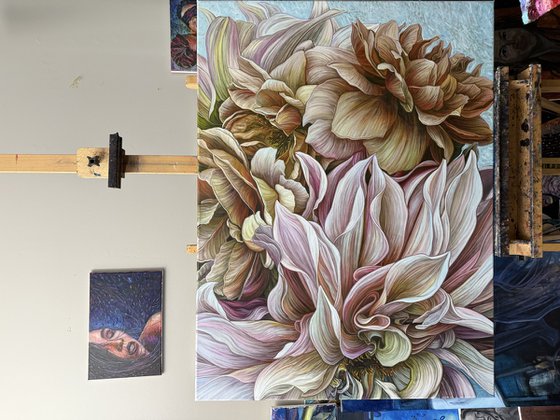 Dahlias and brown roses