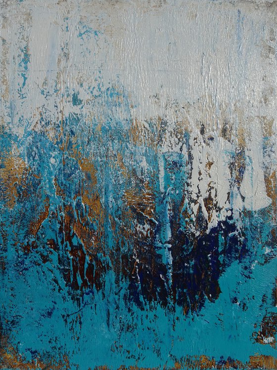 Large Abstract Painting. Modern White, Blue and Gold Textured Art. Painting with Structures. Triptych