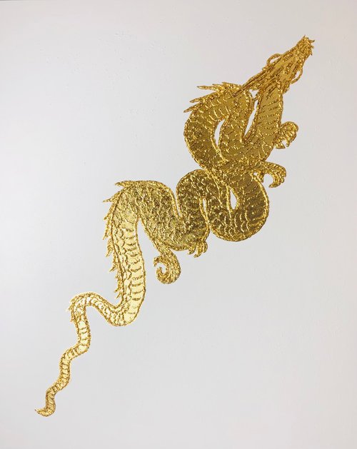 Golden dragon on white by Nataliia Krykun