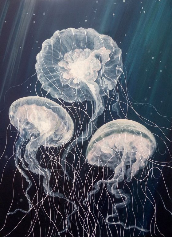 Three Jellyfish - Jellyfish Deep Sea Painting Canvas - ocean