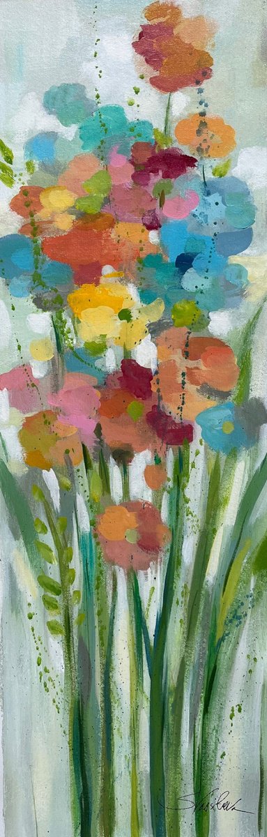 Expressive Botanical Acrylic Painting By Silvia Vassileva, 12 X 36", Long Stem Bouquet Ii, Original Artwork