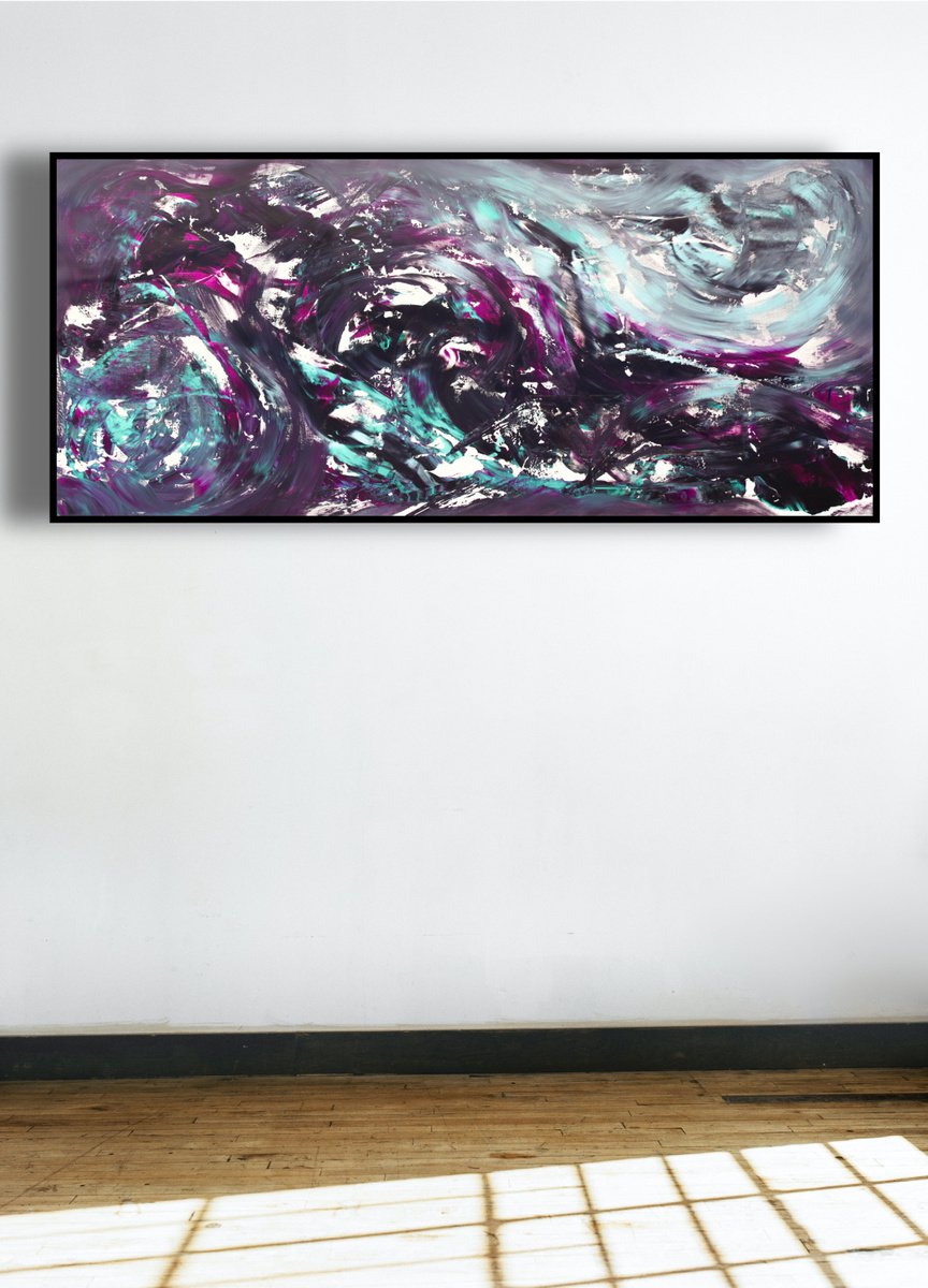 Expressive Abstract Acrylic Painting By Davide De Palma, 79 X 35, The Dark Side Of The Moon, Original Artwork
