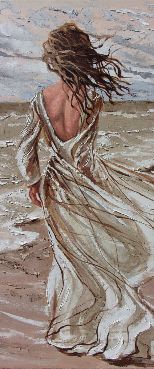 " WALKING ON THE BEACH ... "  SUN SKY SEA SAND liGHt  ORIGINAL OIL PAINTING, GIFT, PALETTE KNIFE by Monika Luniak