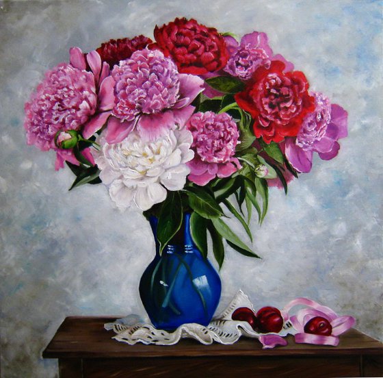 Peonies in Blue Vase