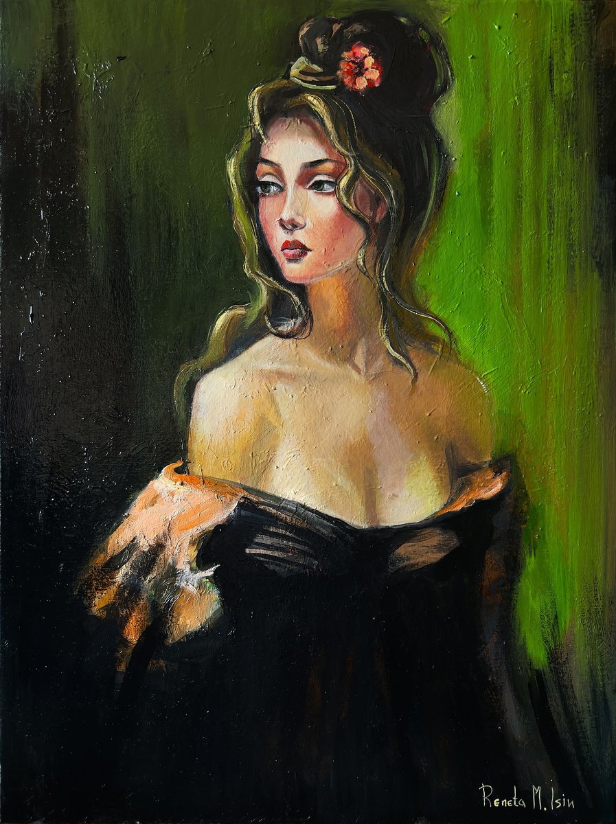 Impressionistic Portrait Oil Painting By Reneta Isin, 24 X 31", " High Life " No.7, Original Artwork