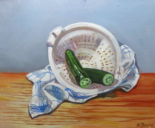 Cucumber and Colander, Still life, Original Oil Painting by Anne Zamo by Anne Zamo