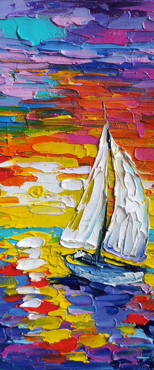 Alone in silence - yacht, sunset, oil painting, seascape,  landscape, yacht original painting, gift, sea with yachts, Impressionism, palette knife by Anastasia Kozorez