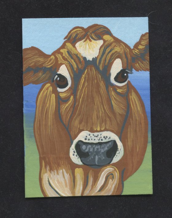 ACEO ATC Original Miniature Painting Brown Cow Farmyard Art-Carla Smale