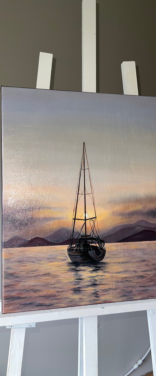 "Peace" - sailboat at sunset seascape by Valentina Ash