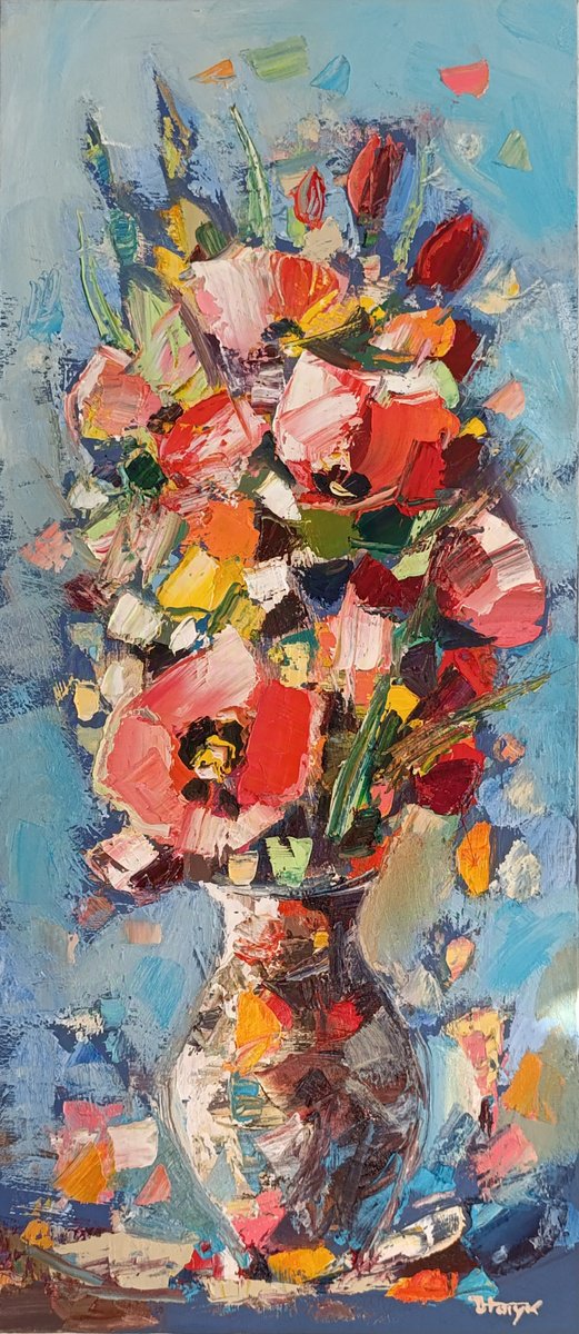 Abstract Botanical Oil Painting By Hayk Miqayelyan, 14 X 31, Splashes Of Spring, Original Artwork